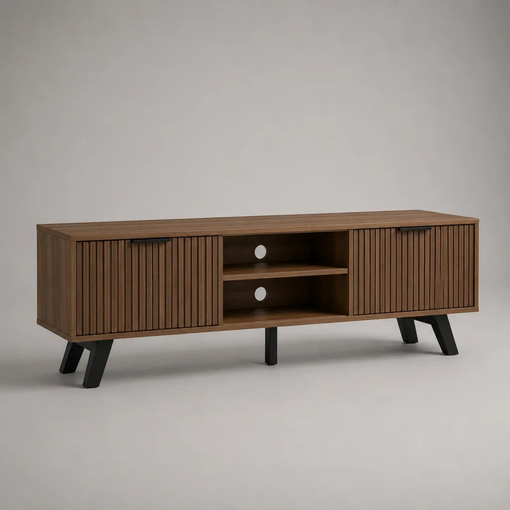 Armadio TV rettangolare in pannelli a particelle e MDF, marrone noce e nero, 160 × 40 × 60 cm, 2 porte scorrevoli e 2 nicchie