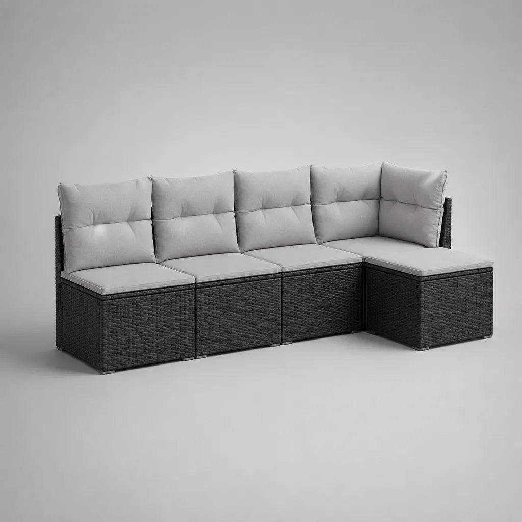 Divano angolo giardino a 4 posti, salone modulare PE con cuscini grigio chiaro, 255 × 135 × 73 cm