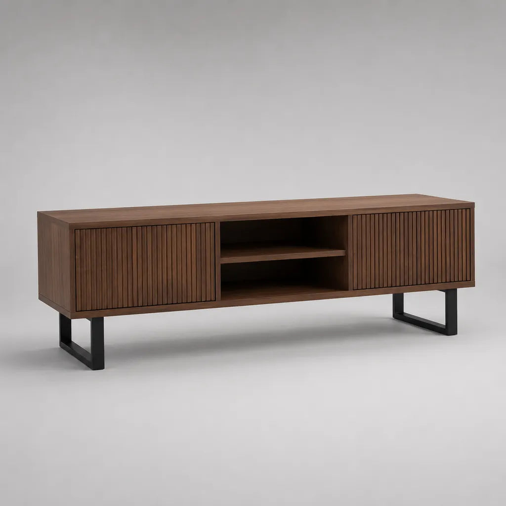 Armadio rettangolare a TV bassa in noce placcato MDF e acciaio nero con 2 porte e 2 nicchie, noce marrone, 180 × 40 × 60 cm