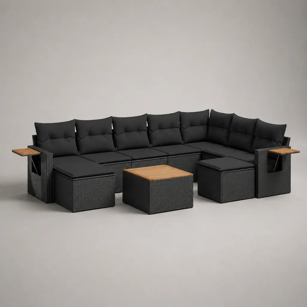 Set da giardino modulare U in rattan, metallo e legno, 11 pezzi, nero e antracite, 320 × 220 × 73 cm