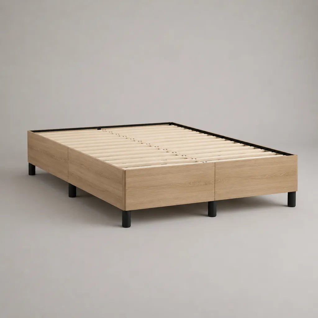 Telaio matrimoniale 160 × 200 cm in legno e metallo, con piano con latte, effetto rovere naturale e nero, 206 × 166 × 35 cm