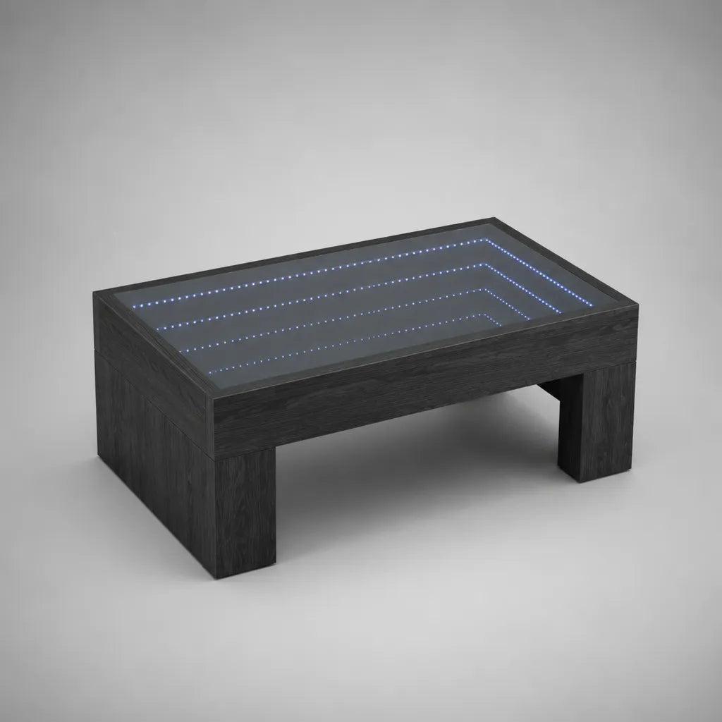 Tavolino rettangolare MDF nero e vetro con specchio a LED blu infinito, 100 × 60 × 45 cm