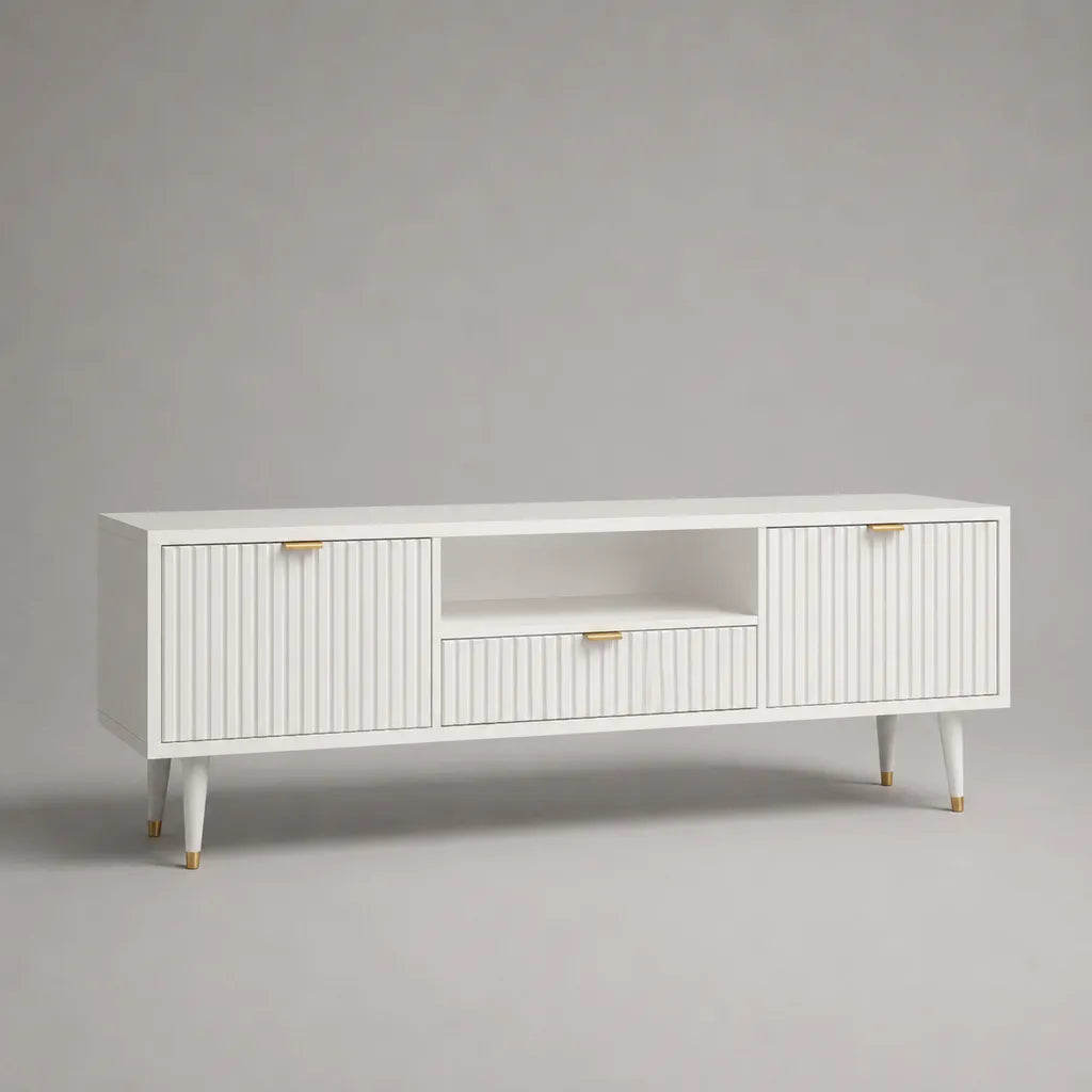 Armadio TV MDF bianco e dorato, 2 porte, 1 cassetto e 1 nicchia, 160 × 40 × 65 cm