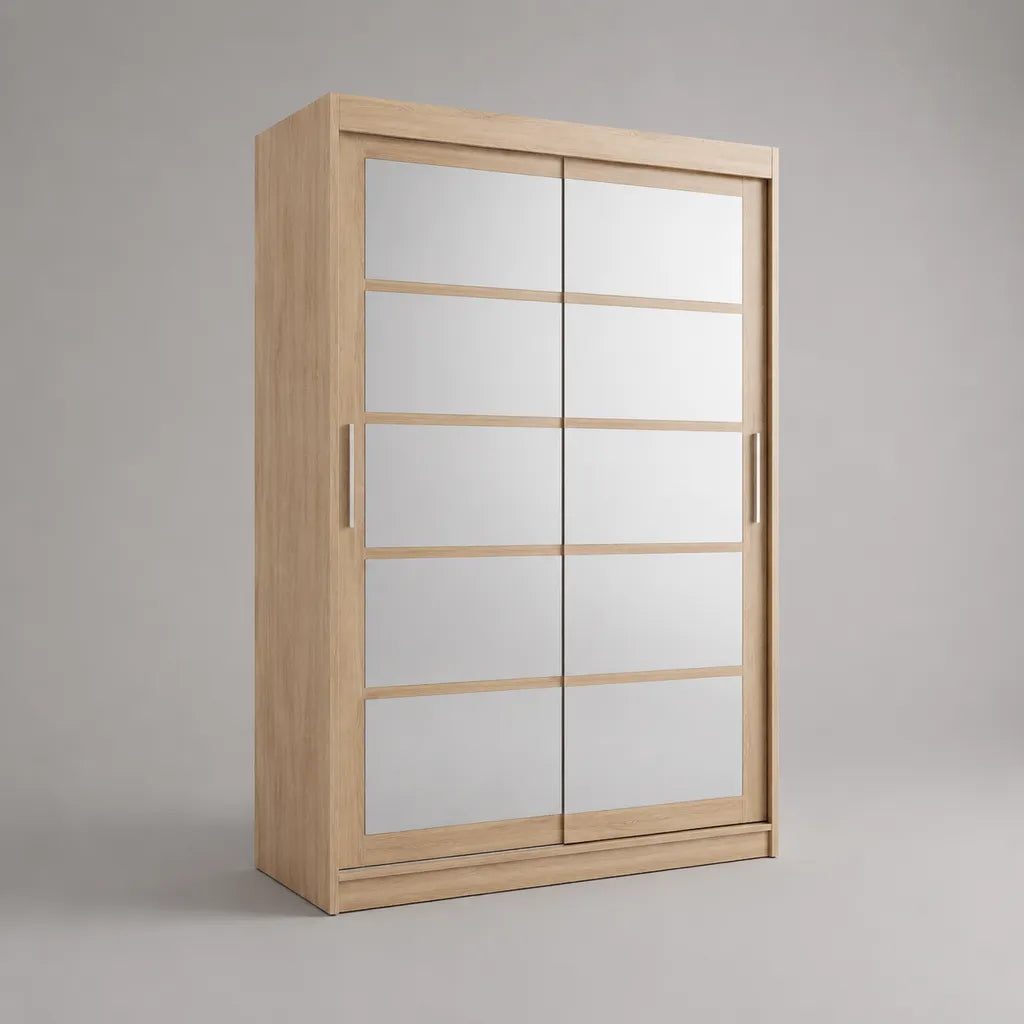 Armadio in legno con 2 porte scorrevoli con specchi, rovere leggero e argento, 120 × 60 × 200 cm