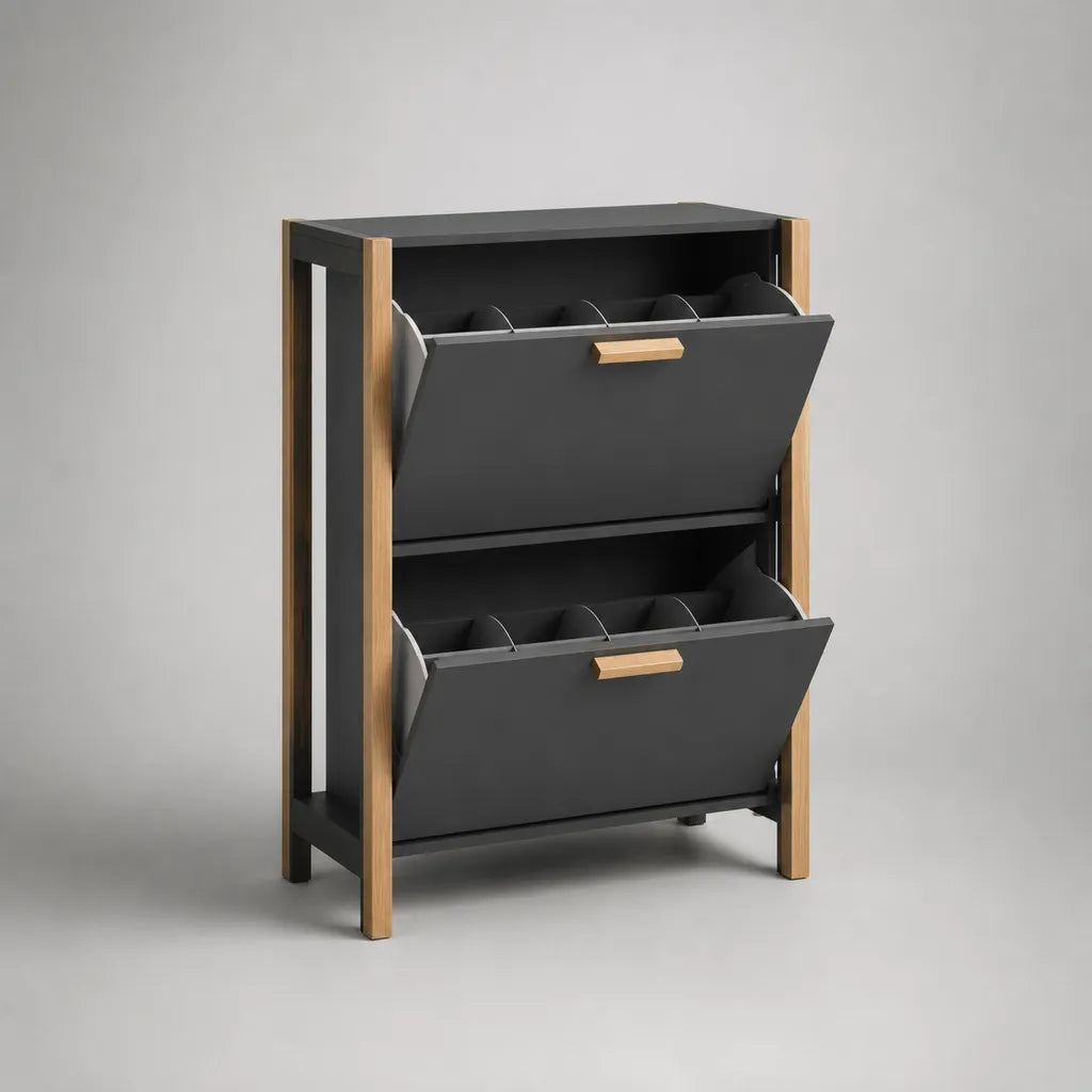 Scarpa rettangolare con 2 porte a flap in MDF e bambù, nero e marrone chiaro, 70 × 24 × 105 cm