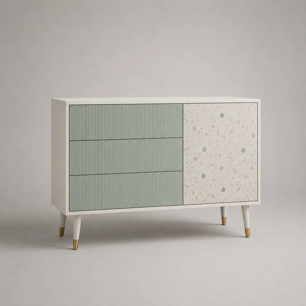 Credenza rettangolare MDF con 3 cassetti e 1 maniglia, salvia bianca e verde, 120 × 40 × 80 cm