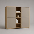 Credenza rettangolare in legno con 4 porte e 4 stanze aperte, rovere naturale e tartaruga, 120 × 40 × 120 cm