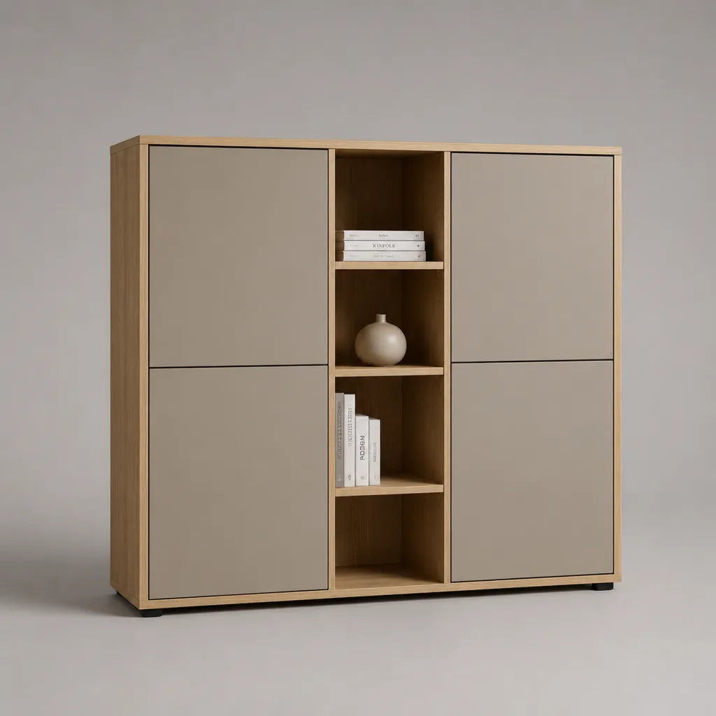 Credenza rettangolare in legno con 4 porte e 4 stanze aperte, rovere naturale e tartaruga, 120 × 40 × 120 cm