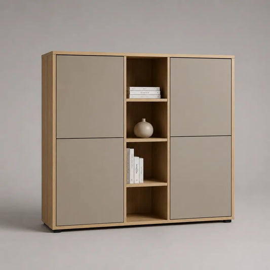 Credenza rettangolare in legno con 4 porte e 4 stanze aperte, rovere naturale e tartaruga, 120 × 40 × 120 cm