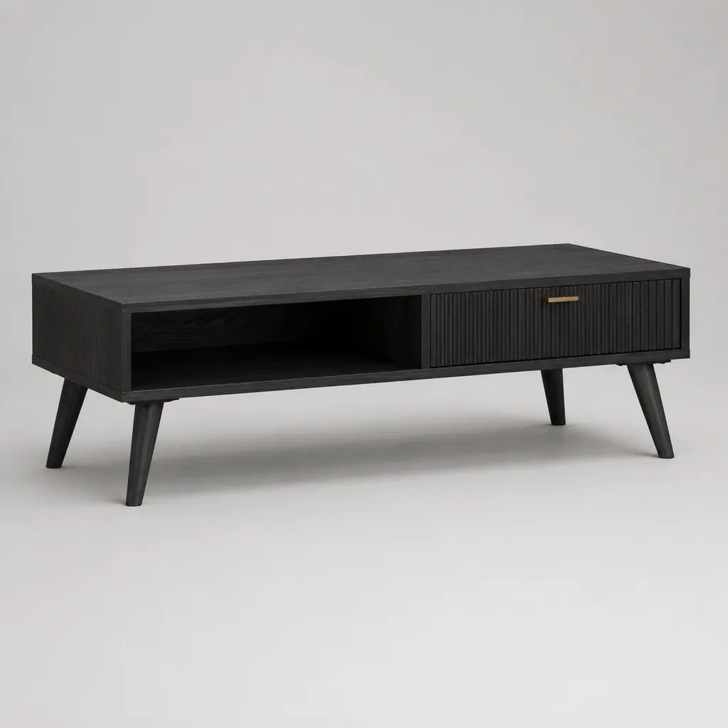 Tavolo rettangolare in MDF nero e metallo con cassetto e nicchia, 110 × 55 × 45 cm