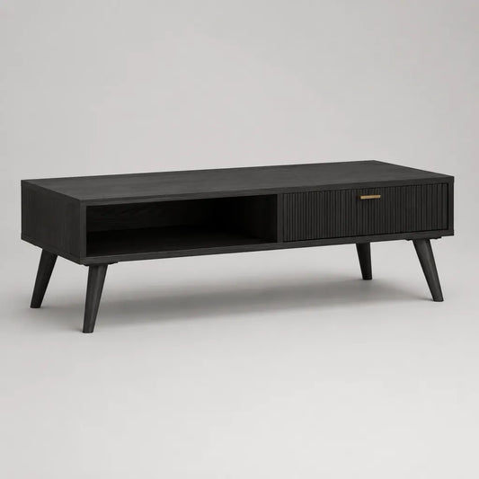 Tavolo rettangolare in MDF nero e metallo con cassetto e nicchia, 110 × 55 × 45 cm