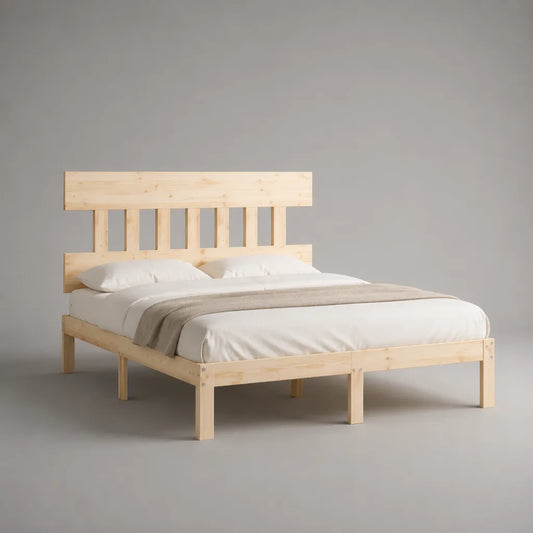 Letto matrimoniale rettangolare in pino massiccio chiaro beige con testa da letto, letto 180 × 200 cm