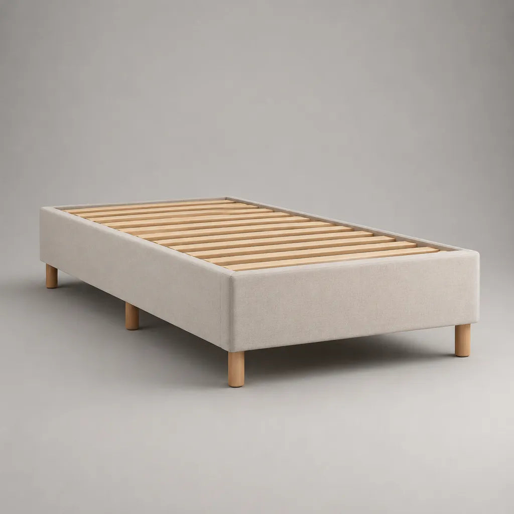 Telaio letto 1 sedile 90 × 200 cm senza testa di letto, imbottito in poliestere beige chiaro, latte e piedi in legno
