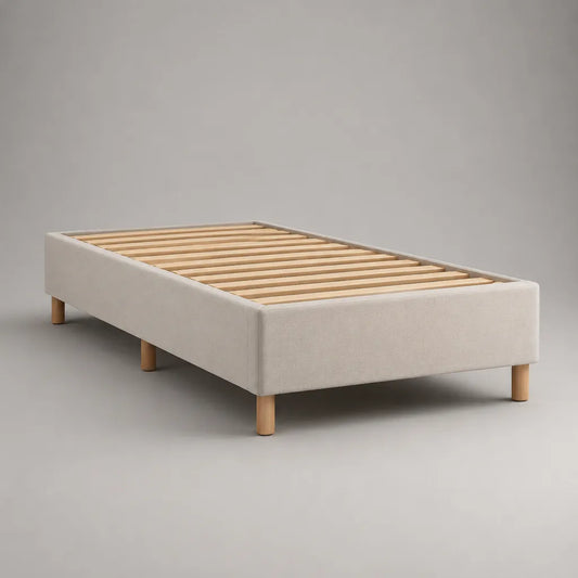 Telaio letto 1 sedile 90 × 200 cm senza testa di letto, imbottito in poliestere beige chiaro, latte e piedi in legno