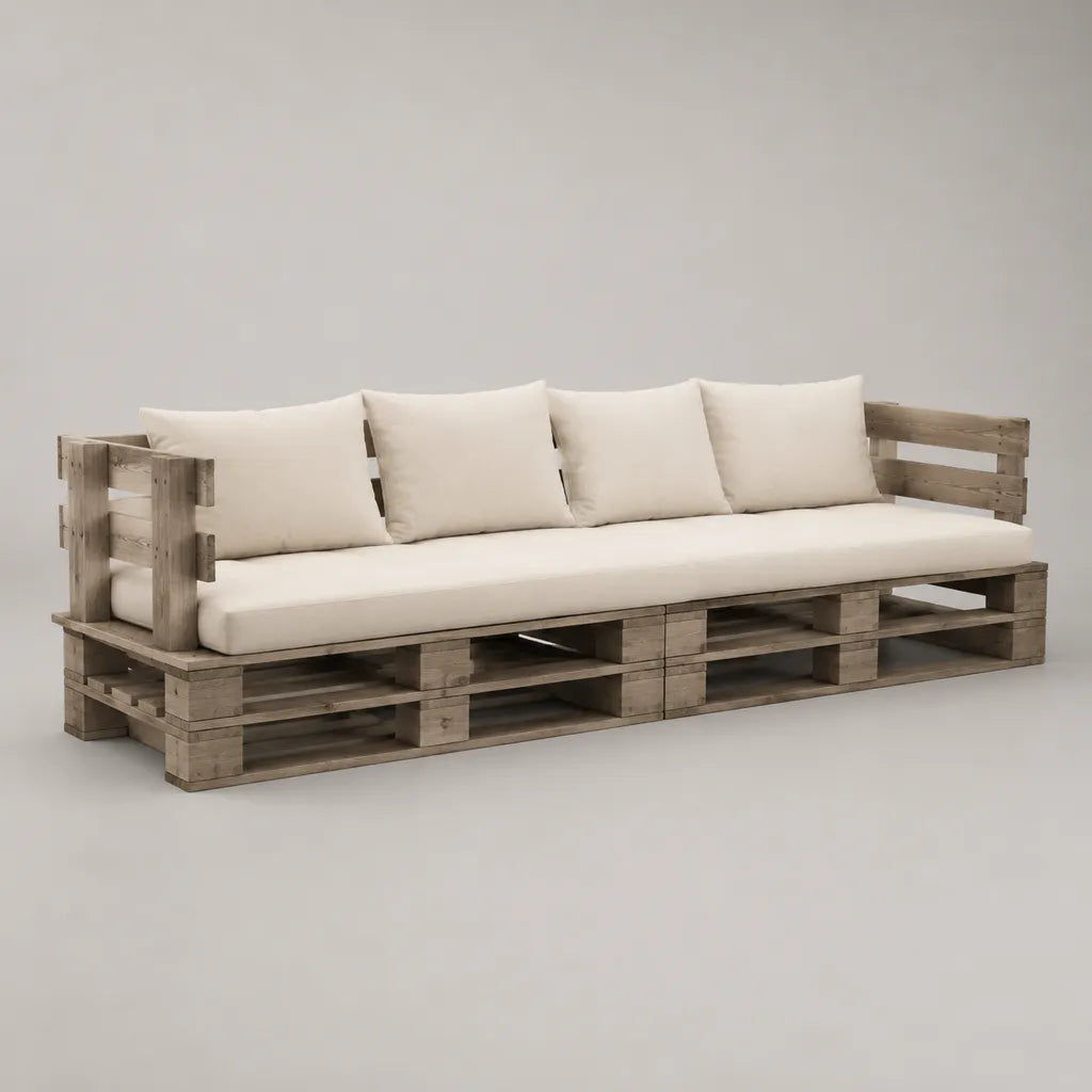Divano da giardino a 4 posti, set di 6 pezzi in legno massello di pino grigio con cuscini crema, 240 × 80 × 75 cm