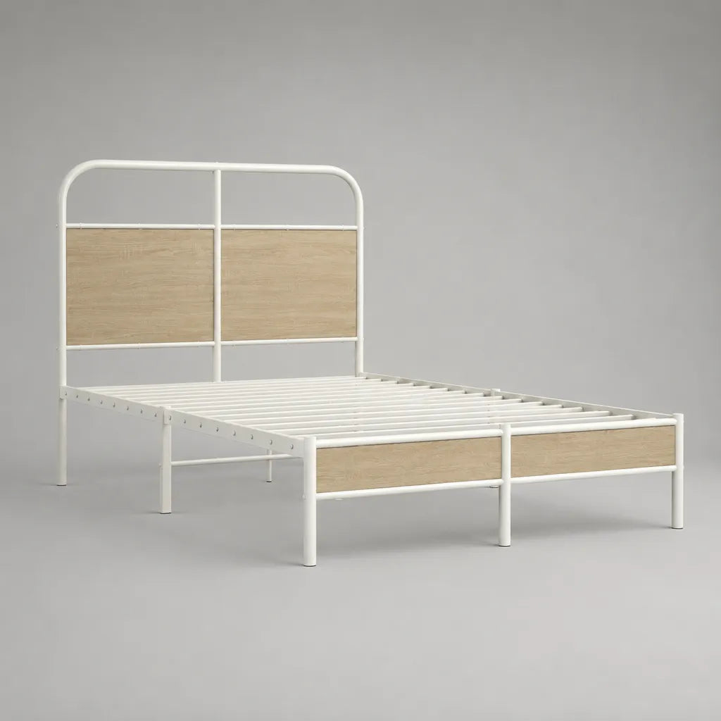 Letto matrimoniale 160 × 200 cm con telaio in acciaio bianco e pannelli in rovere leggero MDF, 208 × 166 × 110 cm