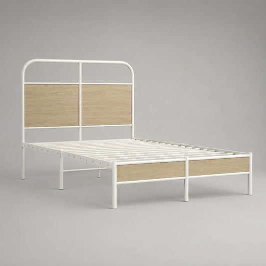 Letto matrimoniale 160 × 200 cm con telaio in acciaio bianco e pannelli in rovere leggero MDF, 208 × 166 × 110 cm