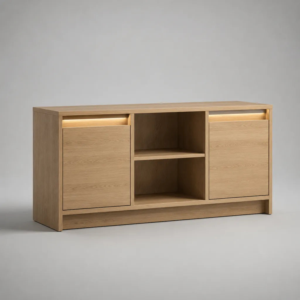 Armadio TV in rovere naturale con 2 porte e 2 nicchie, 140 × 40 × 75 cm