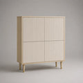 Elevata credenza rettangolare a 4 porte in MDF scanalati e legno, avorio, beige naturale e oro, 100 × 40 × 120 cm