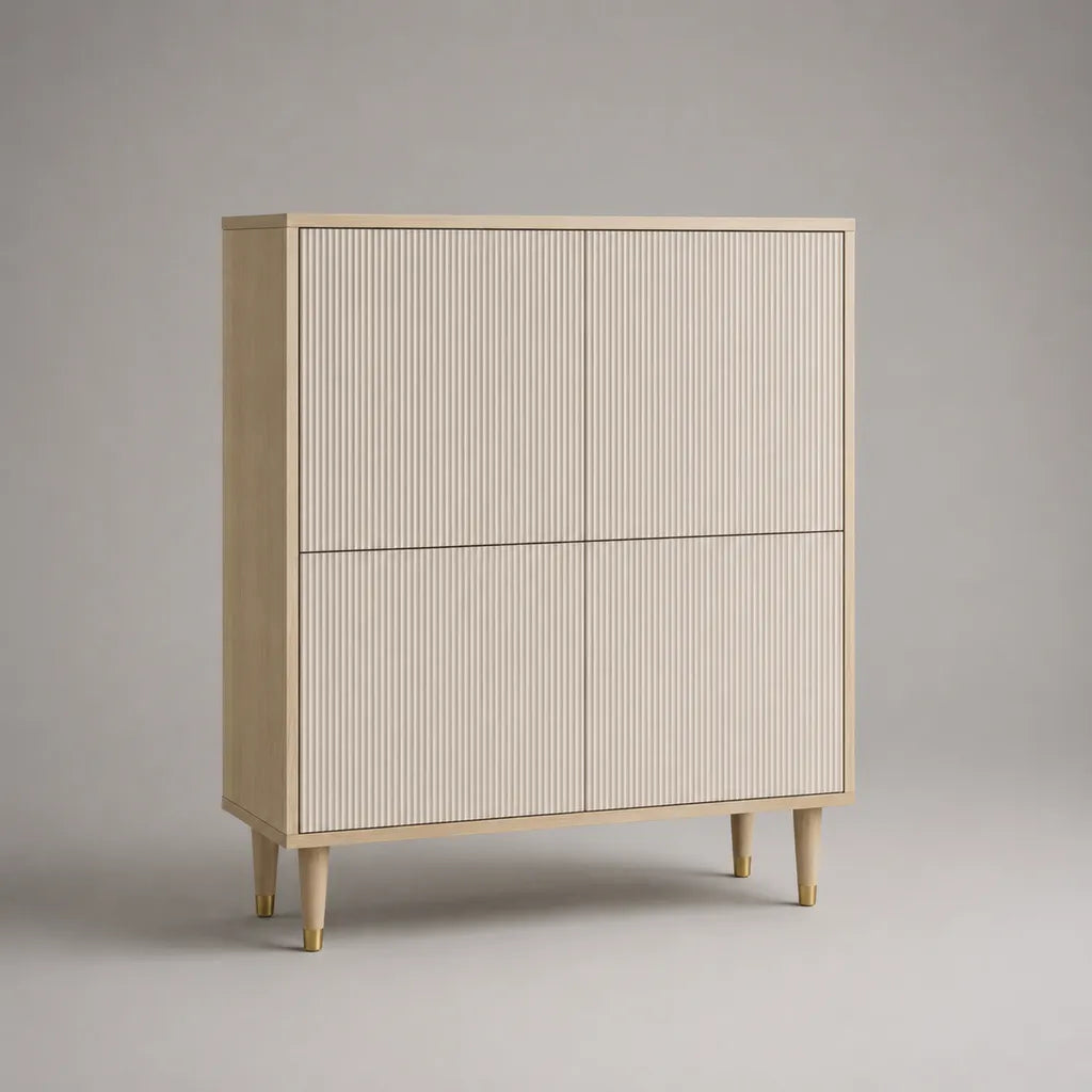 Elevata credenza rettangolare a 4 porte in MDF scanalati e legno, avorio, beige naturale e oro, 100 × 40 × 120 cm