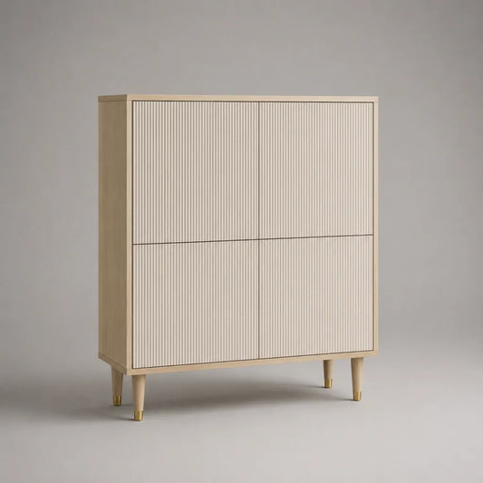 Elevata credenza rettangolare a 4 porte in MDF scanalati e legno, avorio, beige naturale e oro, 100 × 40 × 120 cm
