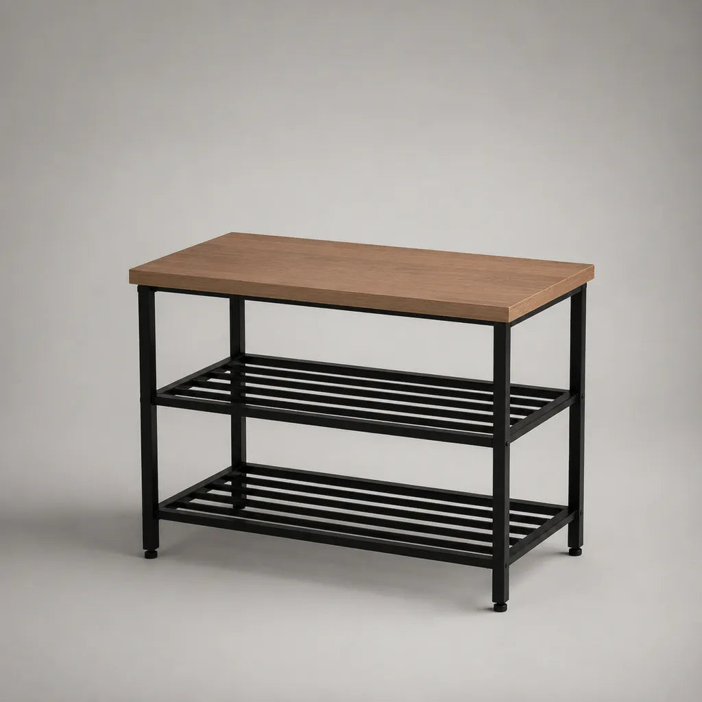 Scarpa rettangolare con 2 ripiani in acciaio e legno, marrone e nero, 80 × 30 × 68 cm