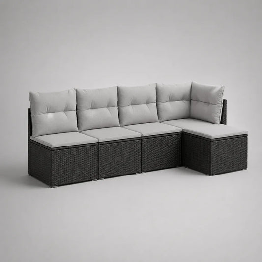 Divano angolo giardino a 4 posti, salone modulare PE con cuscini grigio chiaro, 255 × 135 × 73 cm