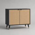 Credo rettangolare con 2 porte in MDF e rottano in tessuto con gambe di legno, nero e naturale, 80 × 40 × 80 cm