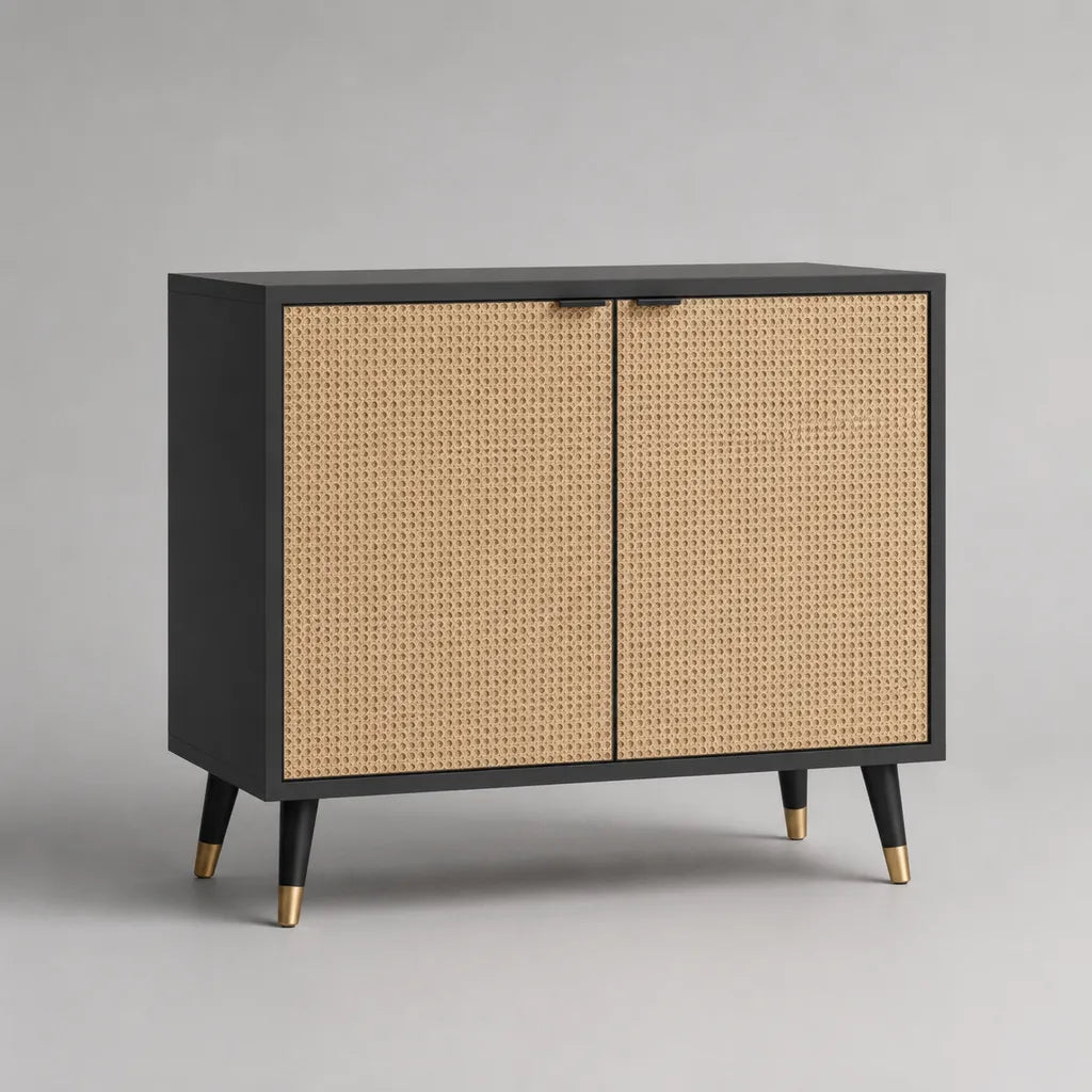 Credo rettangolare con 2 porte in MDF e rottano in tessuto con gambe di legno, nero e naturale, 80 × 40 × 80 cm