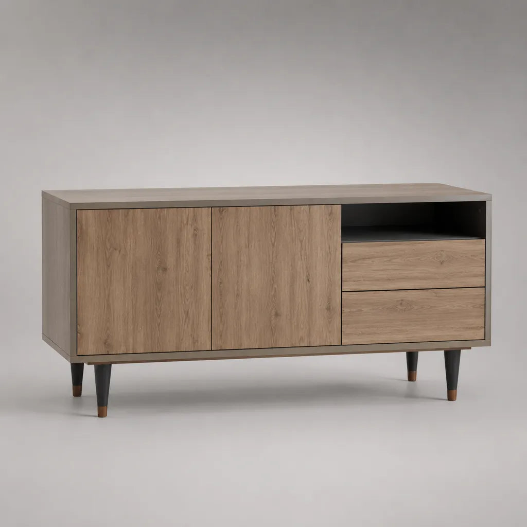 Armadio TV rettangolare in legno con 2 ante, 2 cassetti e 1 nicchia, rovere naturale e antracite, 140 × 40 × 75 cm