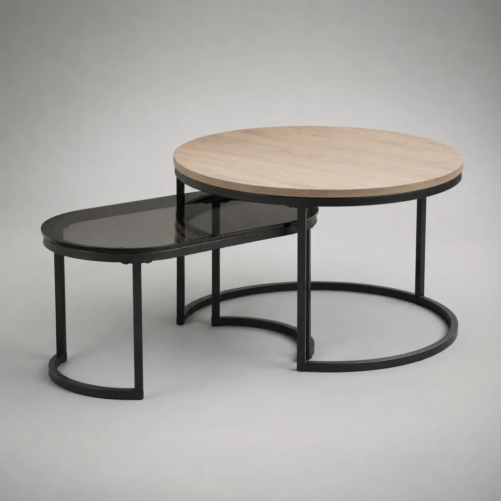Set di 2 tavolini rotondi in MDF, vetro e acciaio, rovere chiaro e nero, Ø 80 × H 45 cm e Ø 60 × H 38 cm