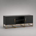 Armadio TV rettangolare nero e dorato in pannelli a particelle, MDF e acciaio, con 2 porte e ripiano, 160 × 40 × 75 cm