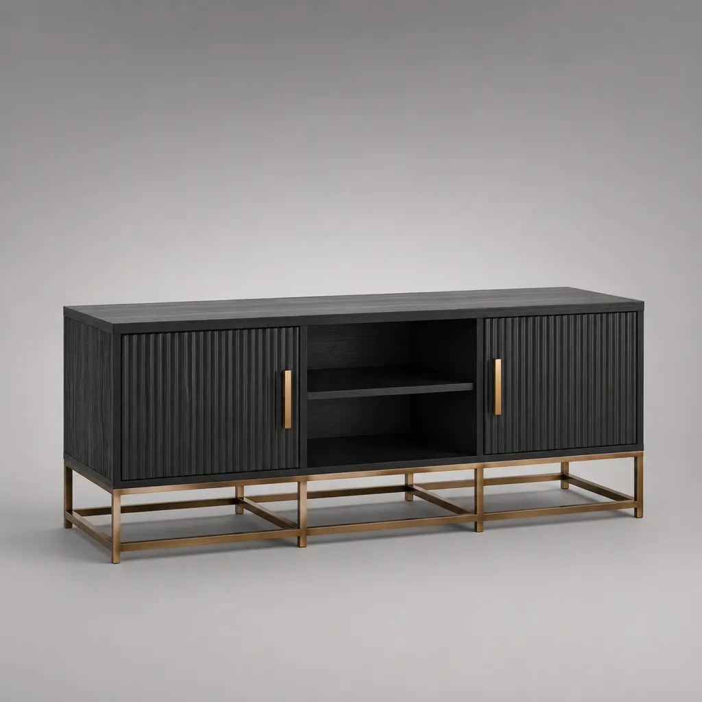 Armadio TV rettangolare nero e dorato in pannelli a particelle, MDF e acciaio, con 2 porte e ripiano, 160 × 40 × 75 cm