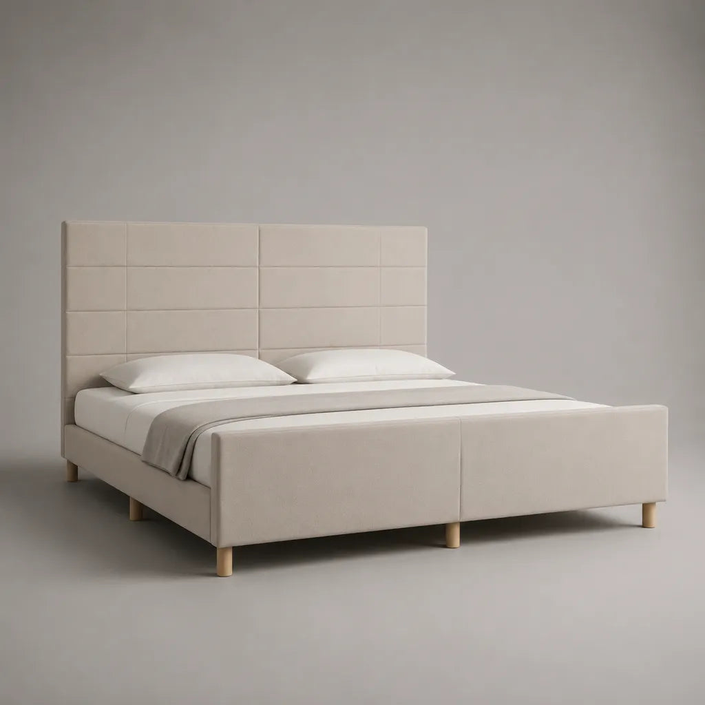 Letto matrimoniale imbottito in poliestere beige con letto con latte, letto 160 × 200 cm, dimensioni 170 × 215 × 120 cm