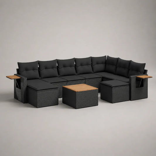 Set da giardino modulare U in rattan, metallo e legno, 11 pezzi, nero e antracite, 320 × 220 × 73 cm