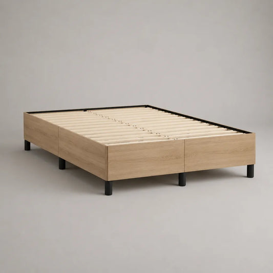 Telaio matrimoniale 160 × 200 cm in legno e metallo, con piano con latte, effetto rovere naturale e nero, 206 × 166 × 35 cm
