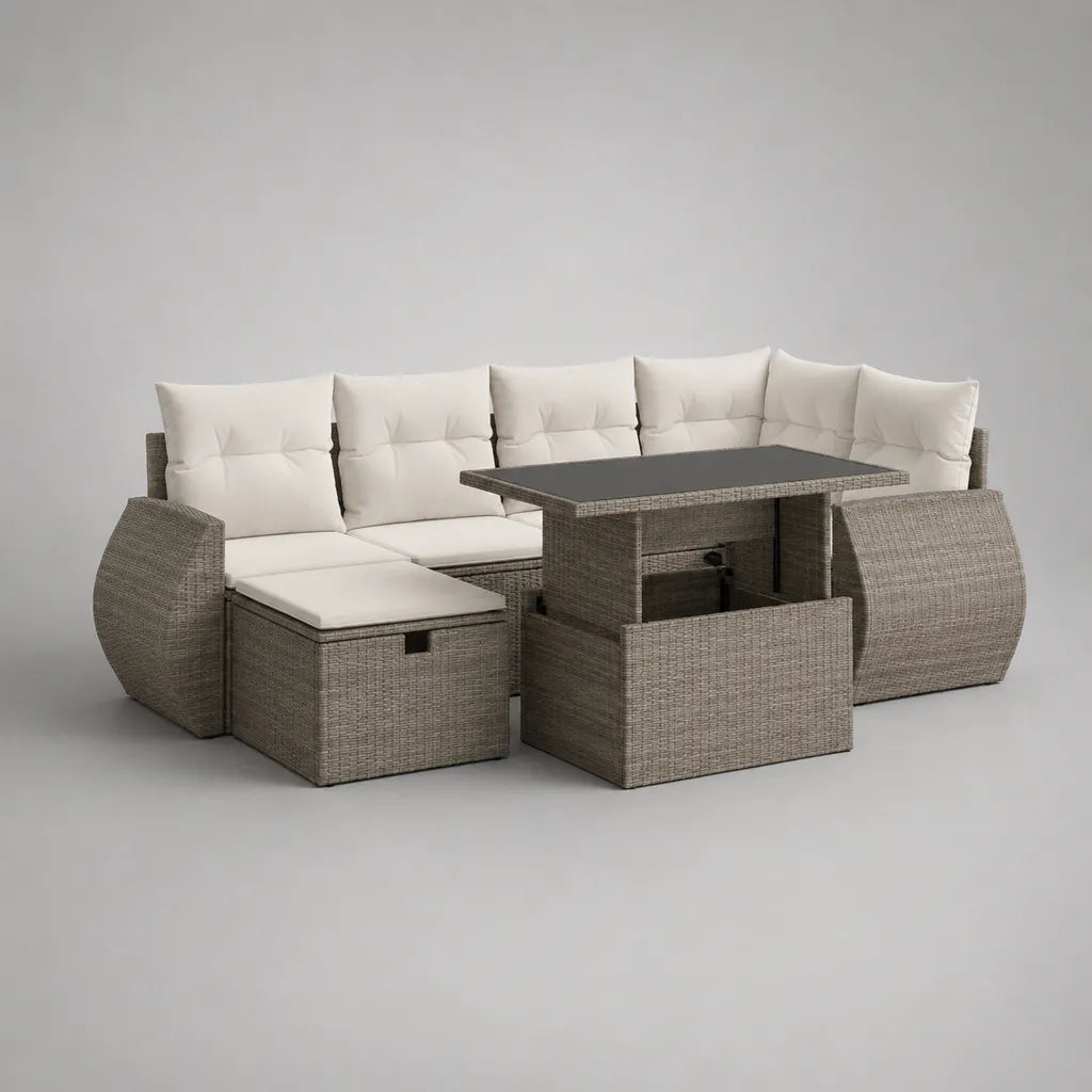 Set divano angolo giardino 4 pezzi in polirattano grigio tartaruga con tavolo regolabile e cuscini, 235 × 180 × 85 cm