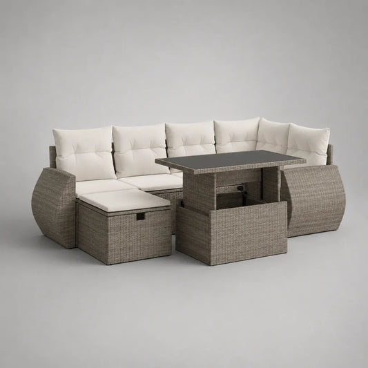 Set divano angolo giardino 4 pezzi in polirattano grigio tartaruga con tavolo regolabile e cuscini, 235 × 180 × 85 cm