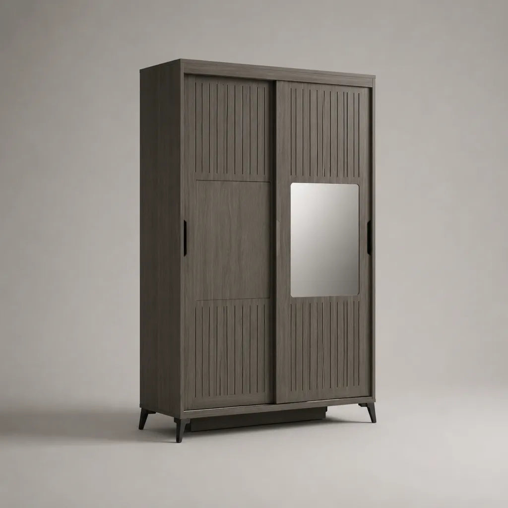 Armadio in legno con 2 porte scorrevoli con specchio, rovere grigio, 120 × 55 × 190 cm