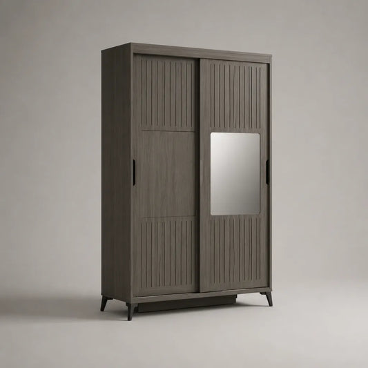 Armadio in legno con 2 porte scorrevoli con specchio, rovere grigio, 120 × 55 × 190 cm