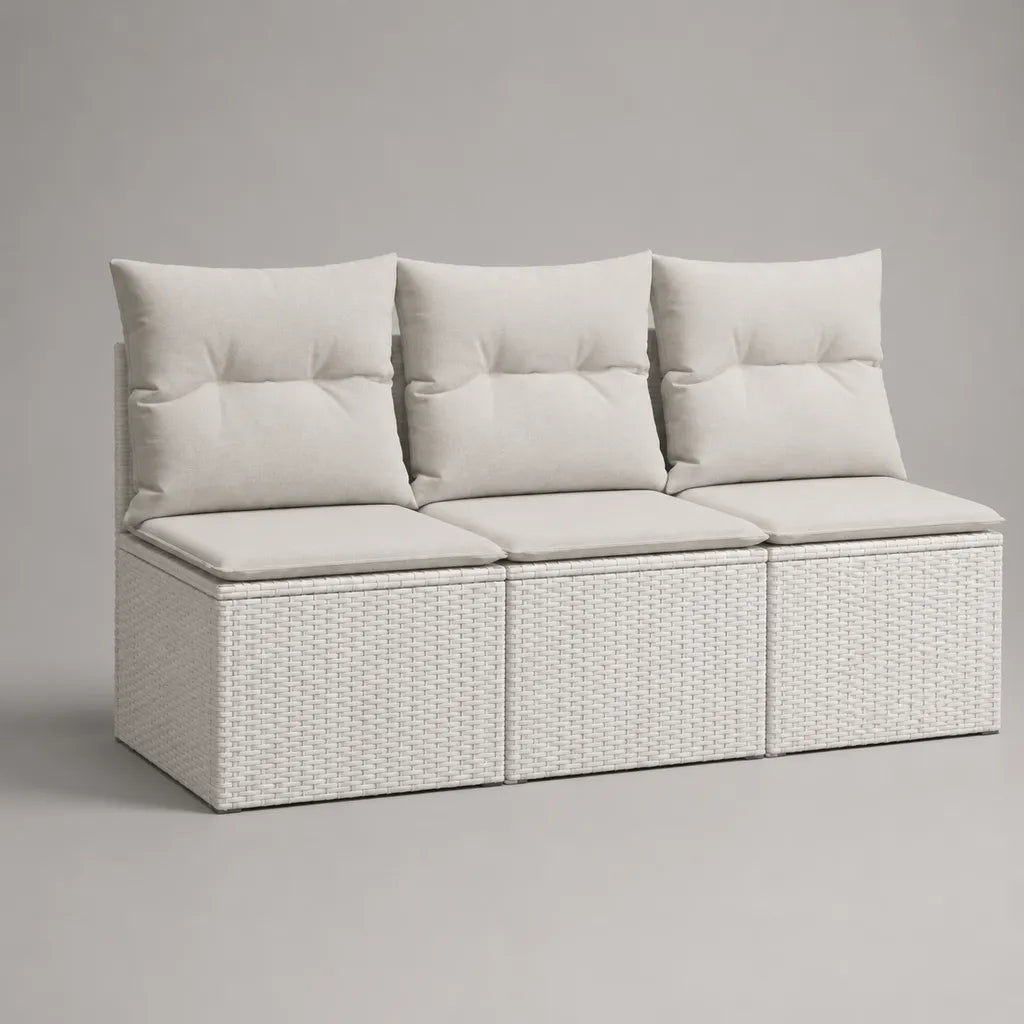 Divano da giardino modulare 3 posti in rottano PE con 6 cuscini, bianco e crema, 180 × 60 × 90 cm