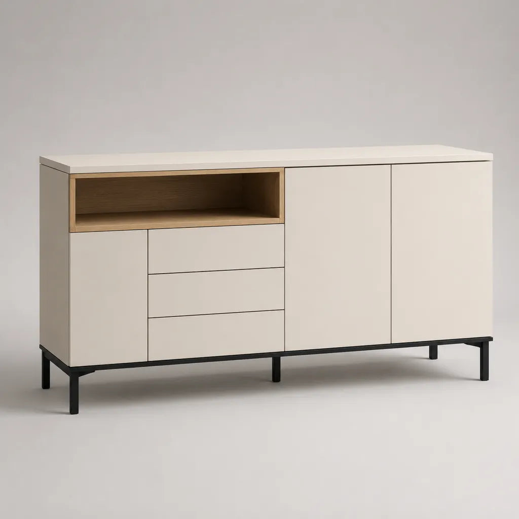 Credenza a buffet rettangolare in agglomerato in melamina e acciaio con 3 ante, 3 cassetti e vano aperto, avorio, rovere e nero, 150 × 40 × 85 cm