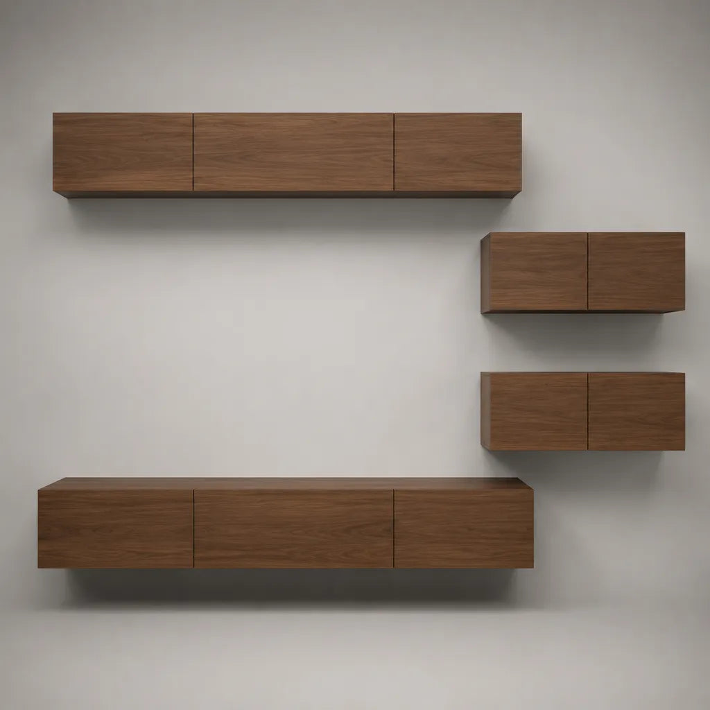 Set di 4 mobili TV a parete marrone in pannelli di particelle, 2 elementi di 180 × 35 × 30 cm e 2 elementi di 80 × 35 × 30 cm