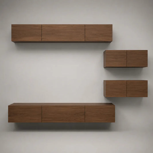Set di 4 mobili TV a parete marrone in pannelli di particelle, 2 elementi di 180 × 35 × 30 cm e 2 elementi di 80 × 35 × 30 cm