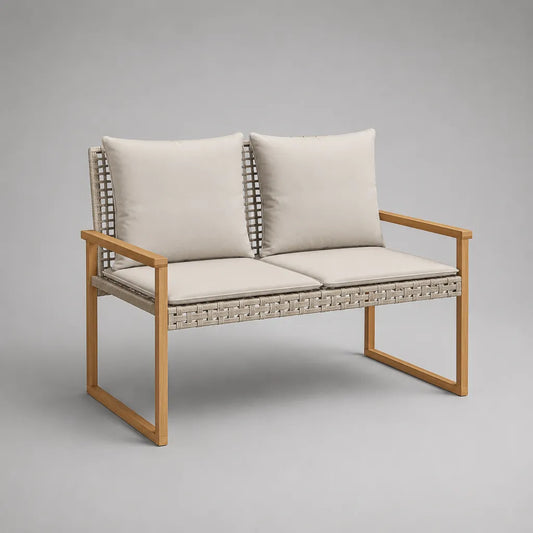 Set di 2 pezzi – Divano esterno a due posti in legno e rottano PE, marrone naturale, tartaruga e beige, 124 × 69 × 81 cm