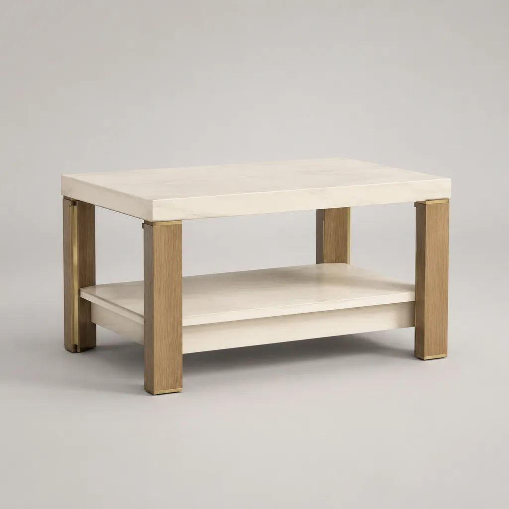 Tavolo basso quadrato con ripiano in marmo bianco effetto MDF, impiallacciatura in rovere leggero e acciaio inossidabile dorato, 80 × 80 × 45 cm