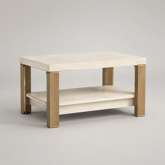 Tavolo basso quadrato con ripiano in marmo bianco effetto MDF, impiallacciatura in rovere leggero e acciaio inossidabile dorato, 80 × 80 × 45 cm