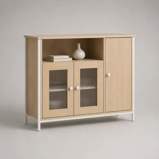 Rettangolare in legno a 3 porte, vetro scanalato e metallo, rovere naturale e bianco, 120 × 40 × 100 cm