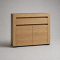 Credenza rettangolare in tavoletta in melamina con 2 porte e 1 cassetto, rovere naturale e nero, 90 × 40 × 90 cm
