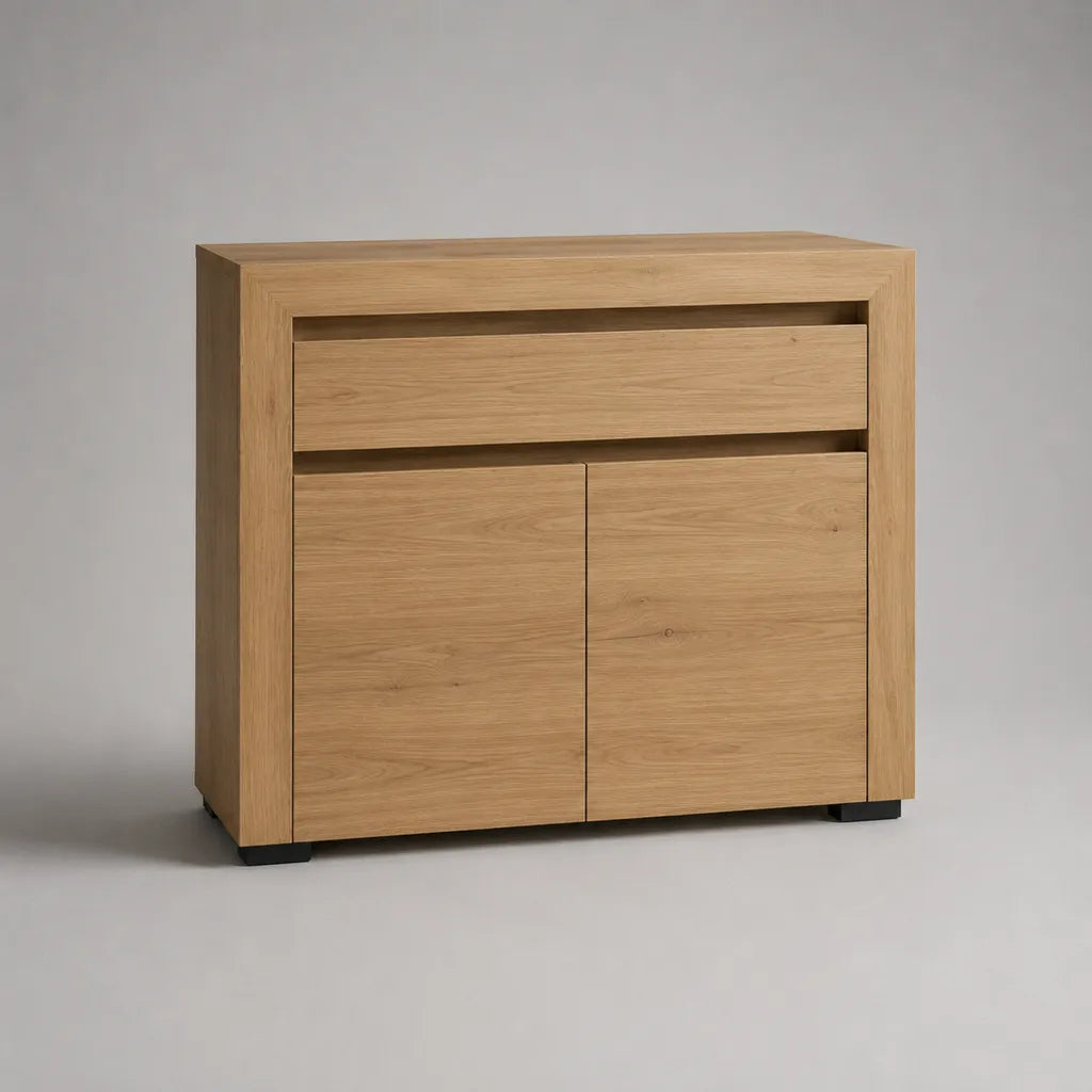 Credenza rettangolare in tavoletta in melamina con 2 porte e 1 cassetto, rovere naturale e nero, 90 × 40 × 90 cm